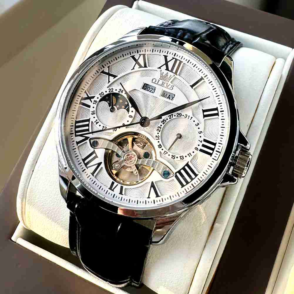 OLEVS 7013 Men's Mechanical Watch With Skeleton Design, Roman Numerals