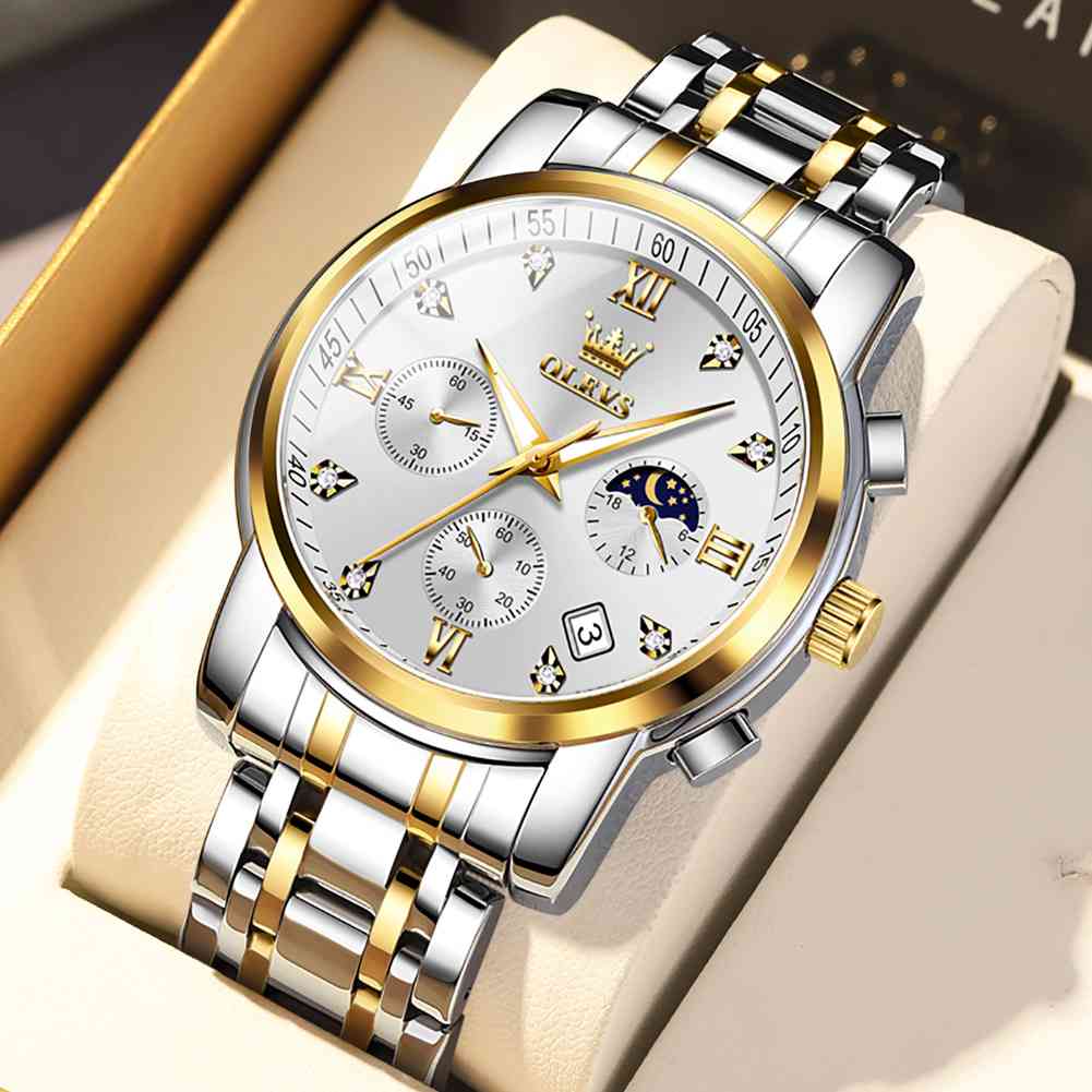 OLEVS 2858 Men's Watch, Business Chronograph Formal Stainless Steel Watch, Pointer Quartz Waterproof Luminous Men's Watch