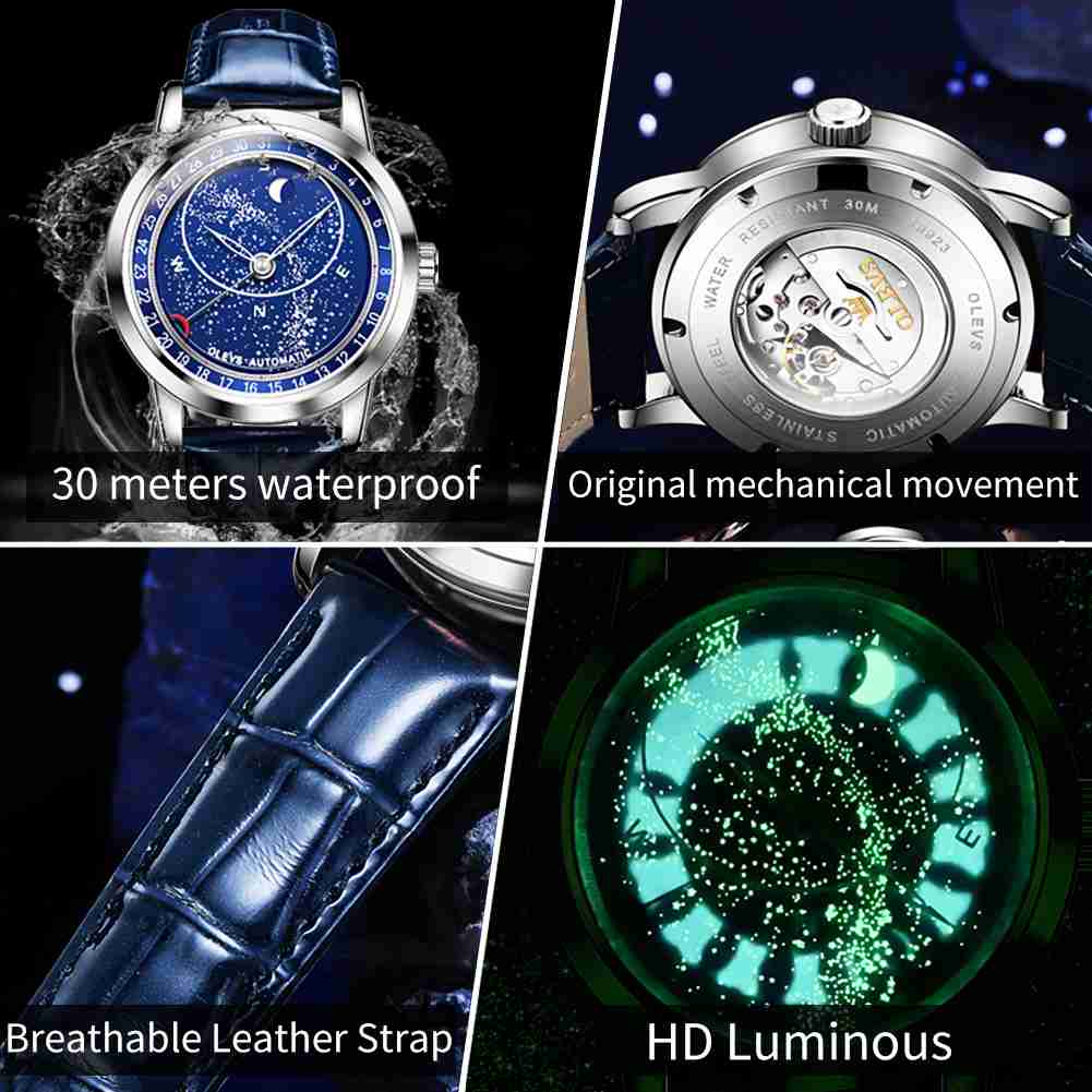 OLEVS 9923 Starry Sky Moon Phase Men's Automatic Mechanical Watches Blue Leather Luxury Dress Waterproof Luminous Wrist Watches