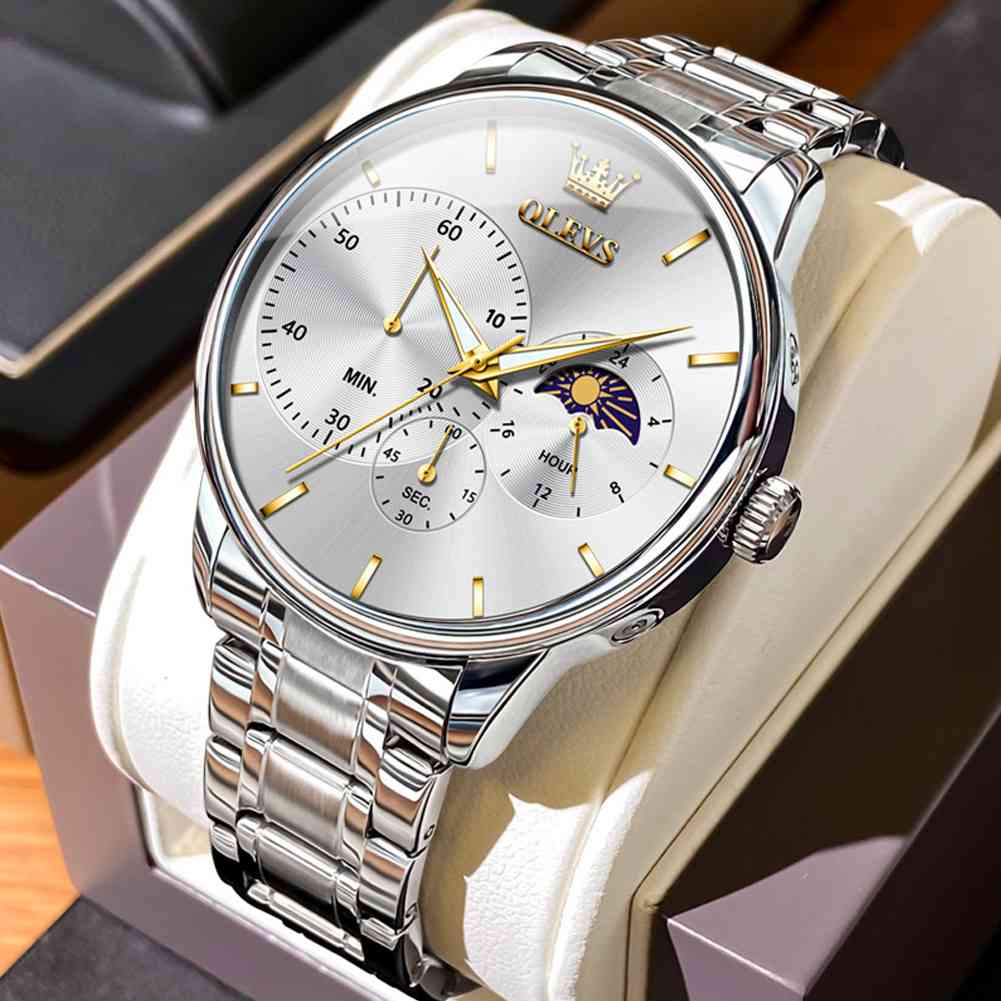 OLEVS 2936 Luxury Stainless Steel Quartz Watch Sophisticated Quartz Chronograph Watch with Day/Night Indicator