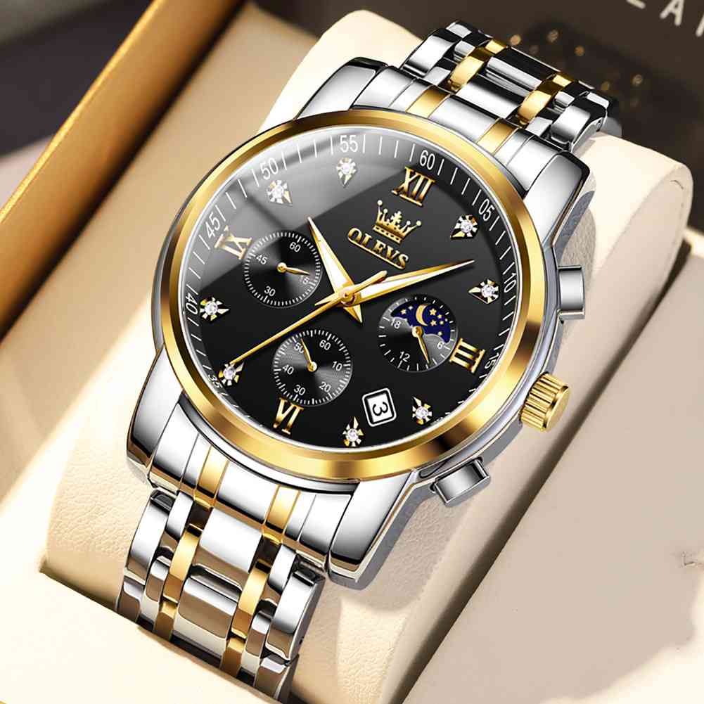 OLEVS 2858 Men's Watch, Business Chronograph Formal Stainless Steel Watch, Pointer Quartz Waterproof Luminous Men's Watch