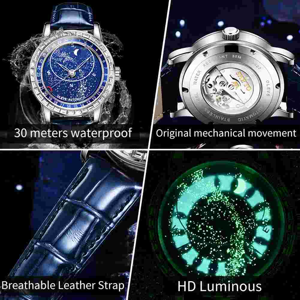 OLEVS 9923 Starry Sky Moon Phase Men's Automatic Mechanical Watches Blue Leather Luxury Dress Waterproof Luminous Wrist Watches