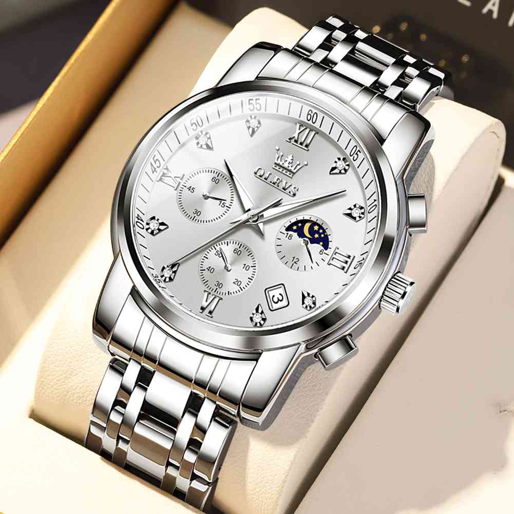 OLEVS 2858 Men's Watch, Business Chronograph Formal Stainless Steel Watch, Pointer Quartz Waterproof Luminous Men's Watch