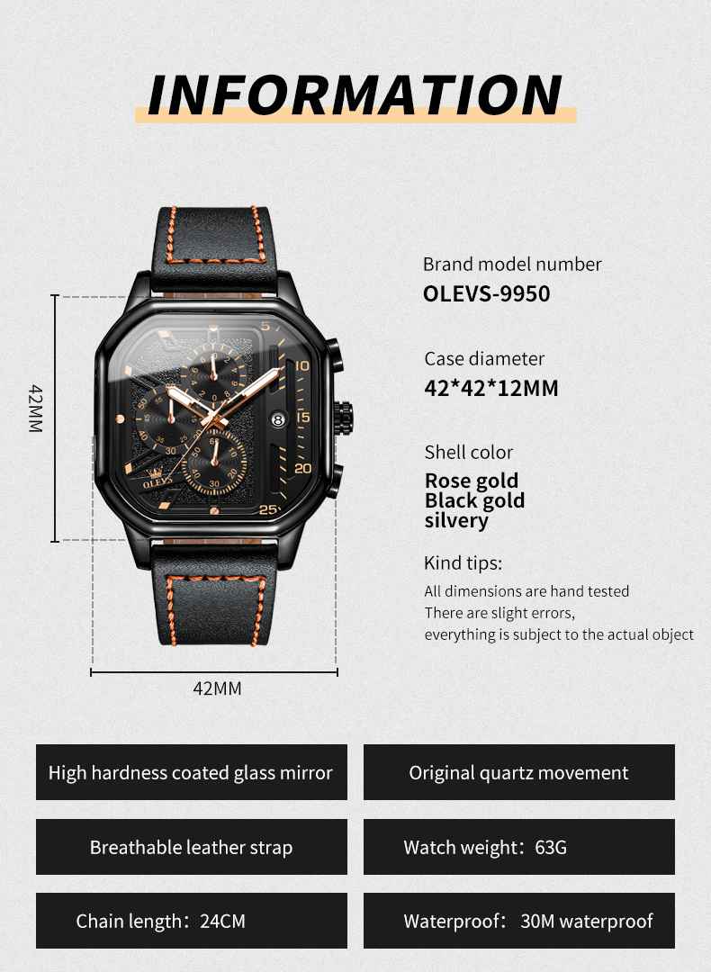 OLEVS 9950 Square Watches For Men Chronograph Dress Watch Sports Fashion Waterproof Luminous Casual Wrist Watches