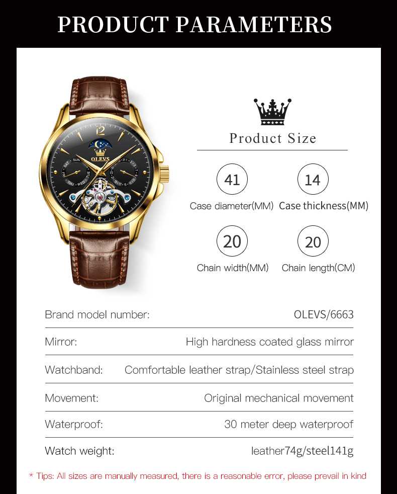 OLEVS 6663 Men's Mechanical Leather Strap Watch With 3ATM Water Resistance, Moon Phase, Calendar, Weekday, Hollow Design Display