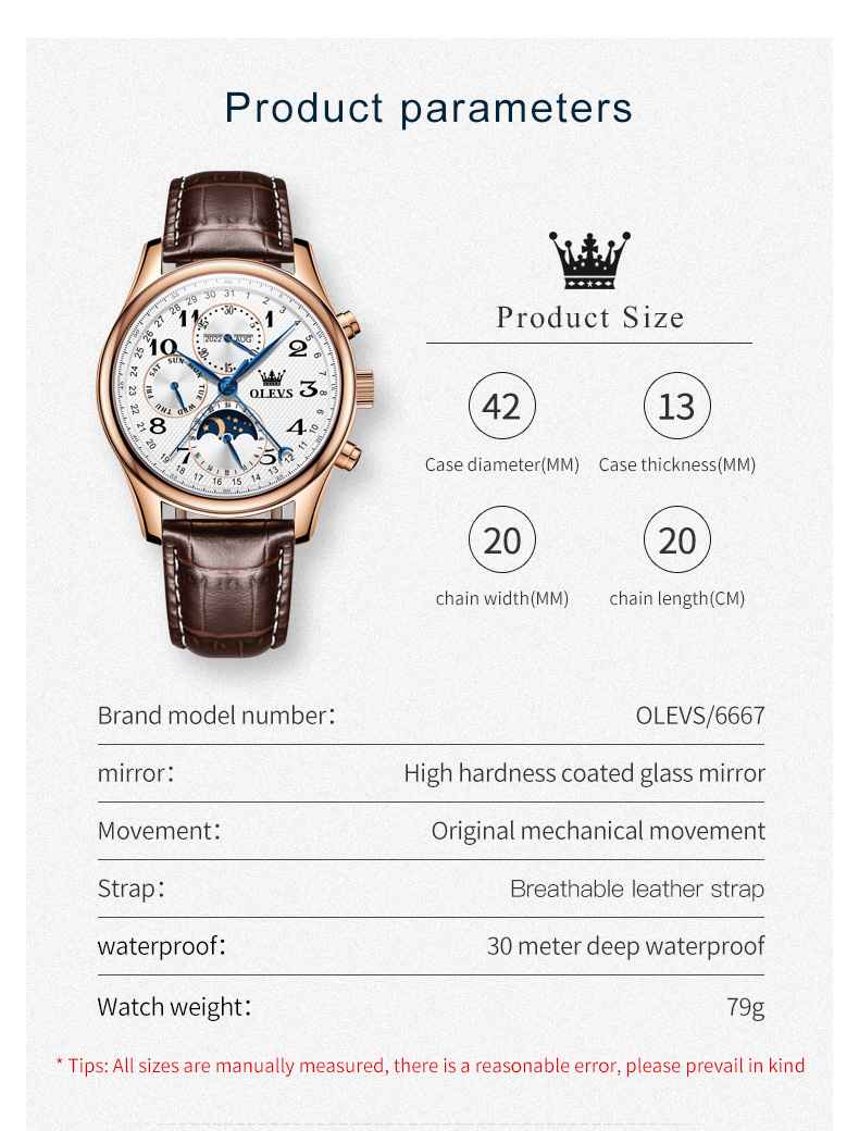 OLEVS 6667 Men's Mechanical Watch With Leather Strap, 3 Sub-Dials, 3ATM Water Resistance, Luminous Hands, Perfect Gift