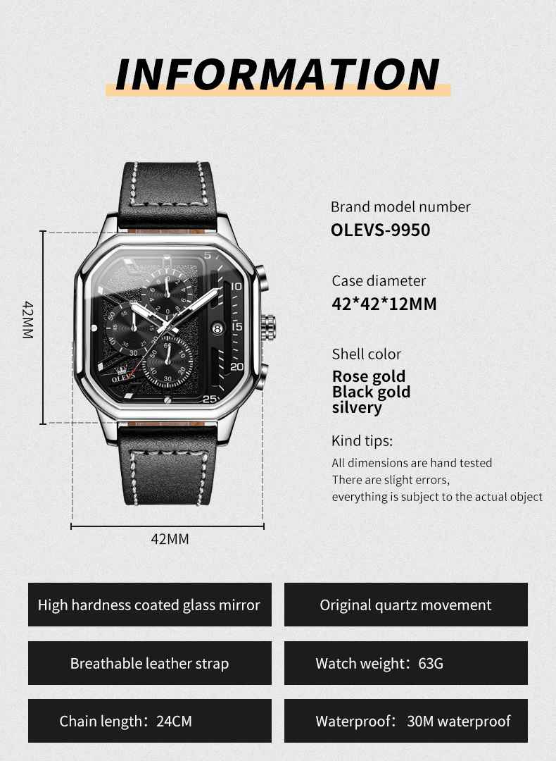 OLEVS 9950 Square Watches For Men Chronograph Dress Watch Sports Fashion Waterproof Luminous Casual Wrist Watches