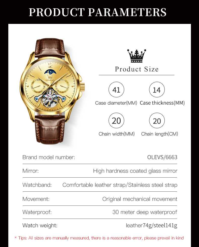 OLEVS 6663 Men's Mechanical Leather Strap Watch With 3ATM Water Resistance, Moon Phase, Calendar, Weekday, Hollow Design Display