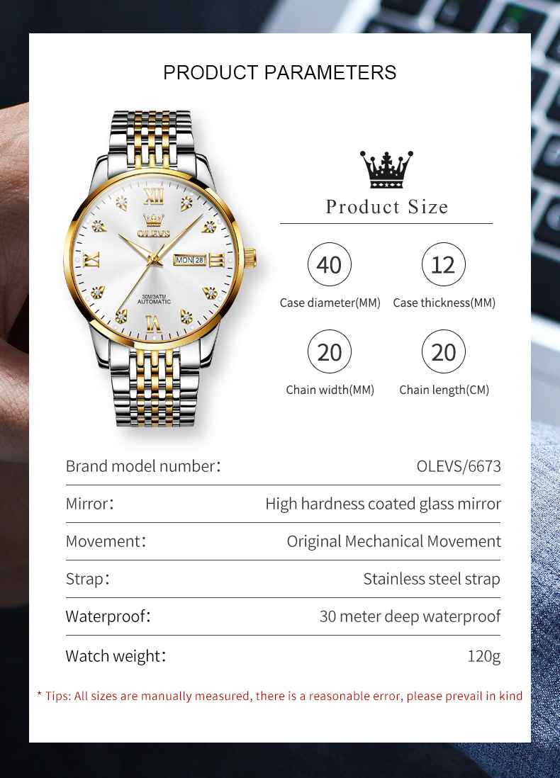 OLEVS 6673 Men's Mechanical Stainless Steel Watch With Diamond Face, Business Style