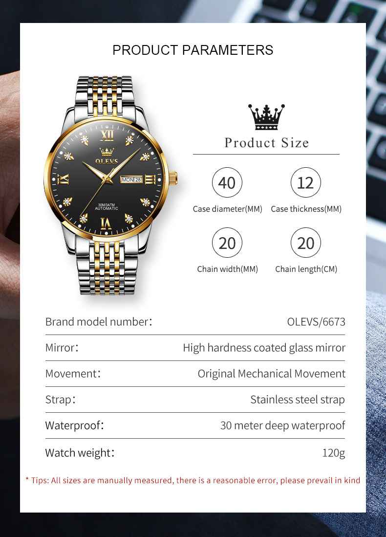 OLEVS 6673 Men's Mechanical Stainless Steel Watch With Diamond Face, Business Style