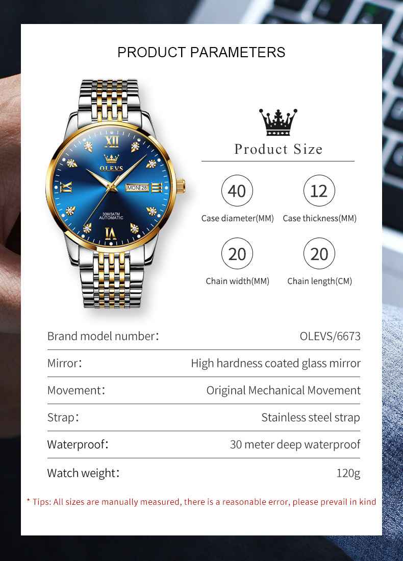 OLEVS 6673 Men's Mechanical Stainless Steel Watch With Diamond Face, Business Style