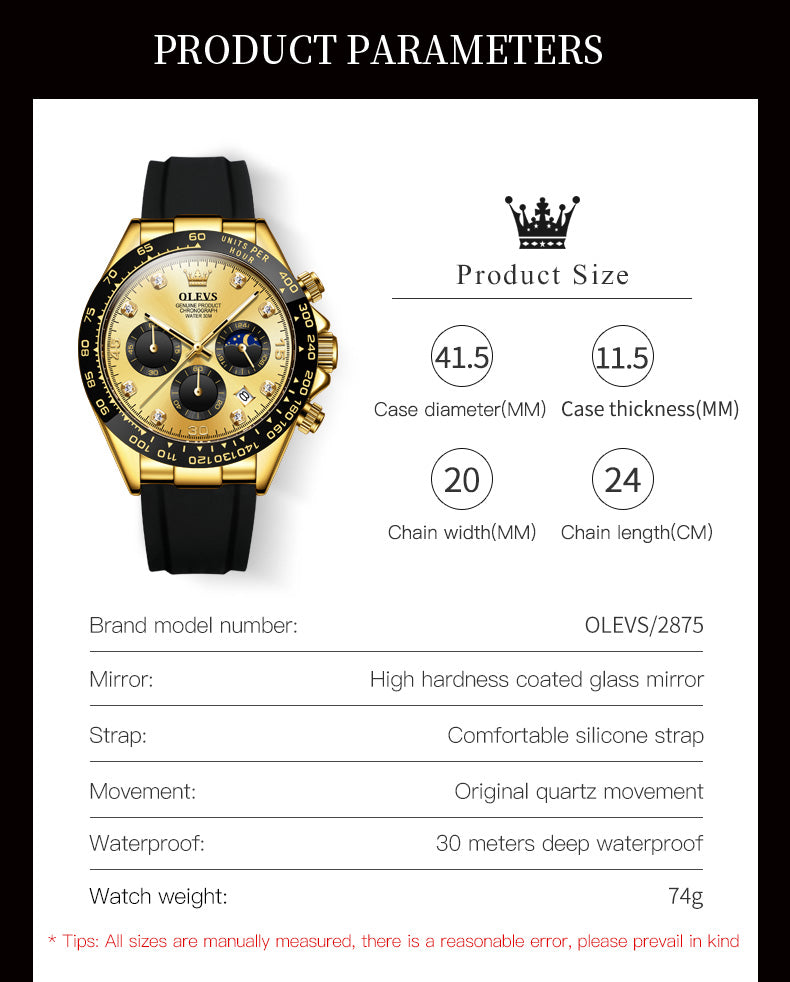 OLEVS 2875 Watches For Men Chronograph Multifunction Diamond Luminous Waterproof Silicone Wrist Watches