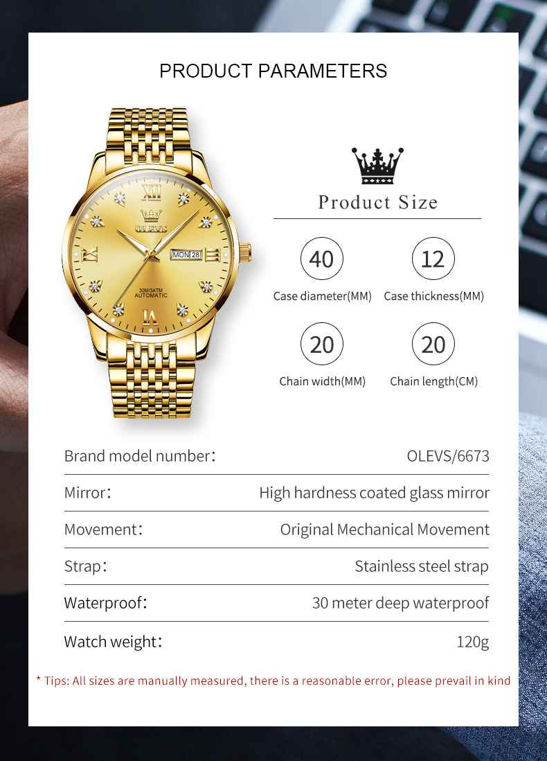 OLEVS 6673 Men's Mechanical Stainless Steel Watch With Diamond Face, Business Style