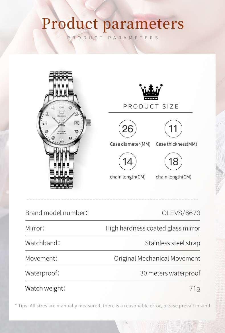 OLEVS 6673 Women's Mechanical Stainless Steel Watch, Diamond Face, Business Style