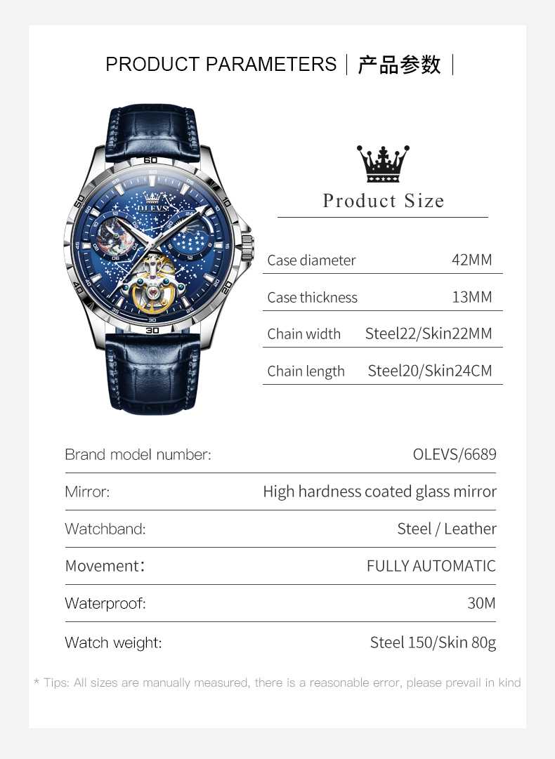 OLEVS 6689 Men's Automatic Skeleton Starry Sky Dial Mechanical Self-Winding Luxury Watch, Stainless Steel Moon Phase, Waterproof, Luminous Wristwatch