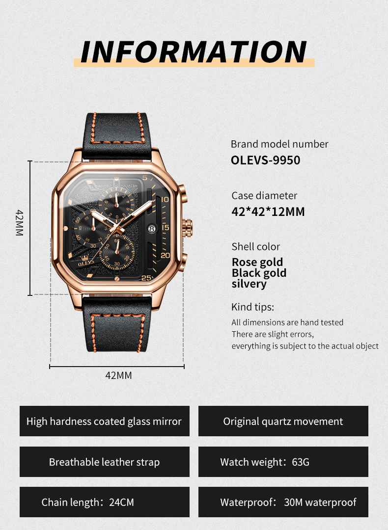 OLEVS 9950 Square Watches For Men Chronograph Dress Watch Sports Fashion Waterproof Luminous Casual Wrist Watches