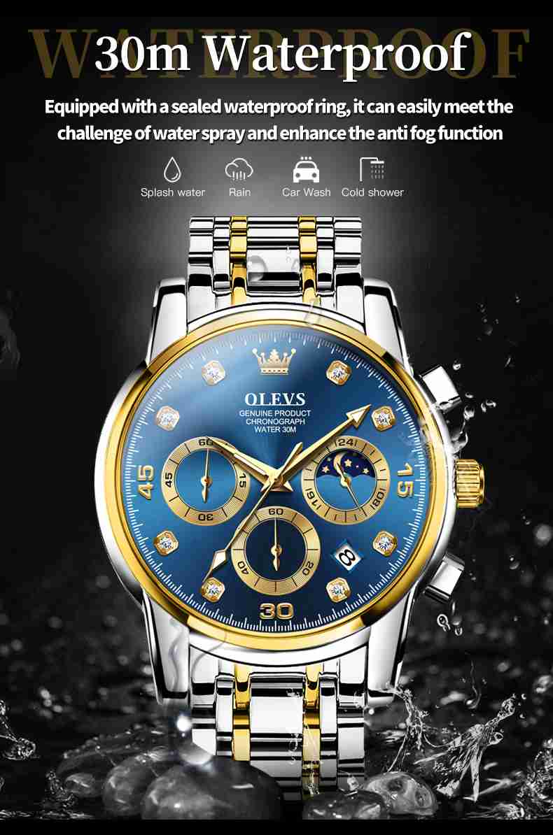 OLEVS 2889 Gold Watch Men Dress Diamond Tonneau Big Face Men Wrist Watch Waterproof Dual Watch Gift