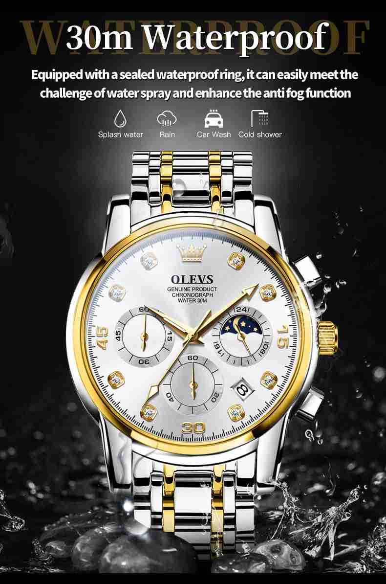 OLEVS 2889 Gold Watch Men Dress Diamond Tonneau Big Face Men Wrist Watch Waterproof Dual Watch Gift