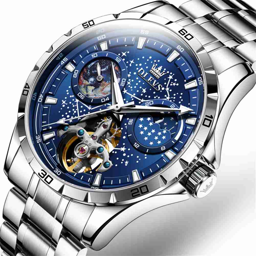 OLEVS 6689 Men's Automatic Skeleton Starry Sky Dial Mechanical Self-Winding Luxury Watch, Stainless Steel Moon Phase, Waterproof, Luminous Wristwatch