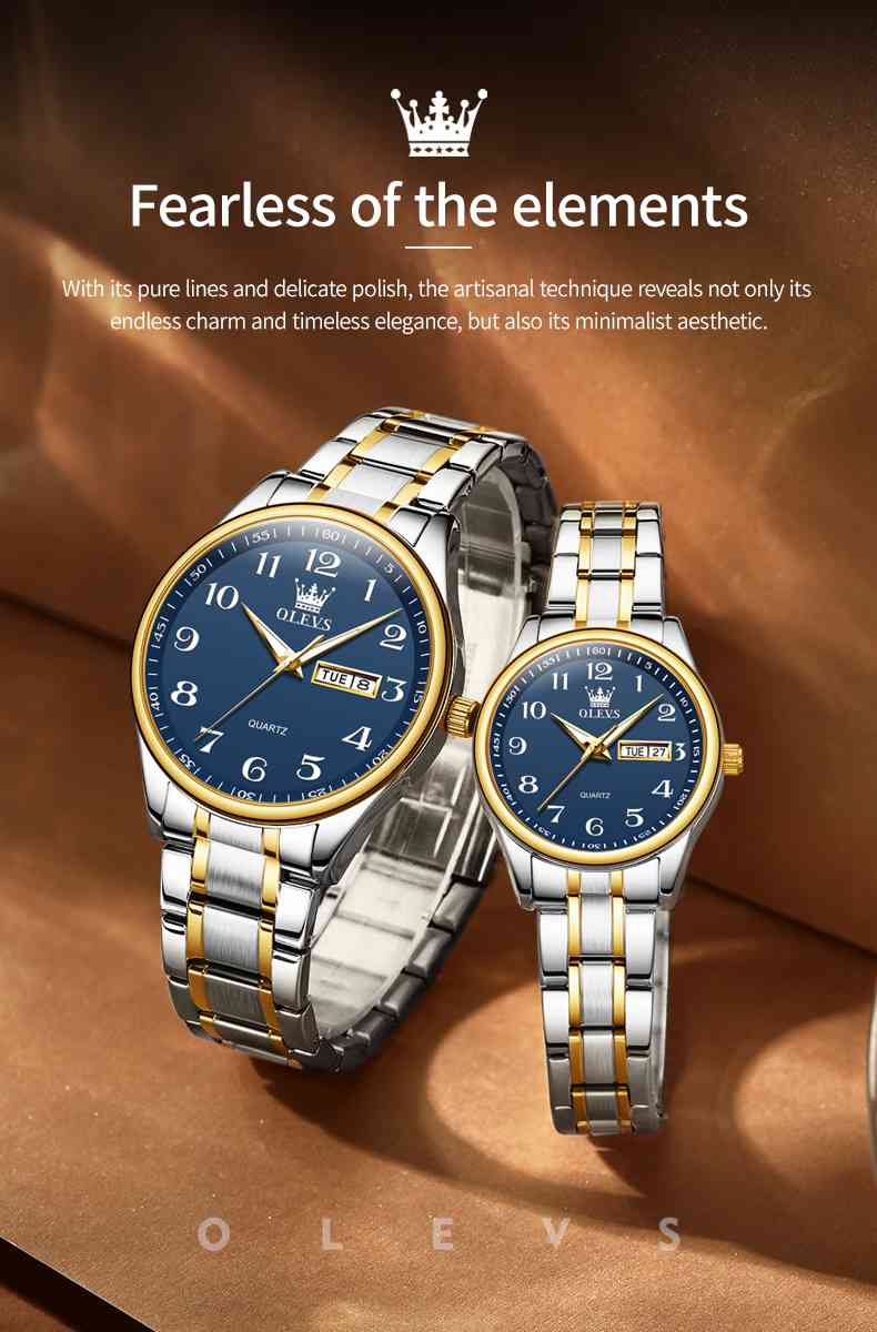 OLEVS 5567 Couple's Quartz Watch With Roman Numerals, Date And Weekday Sub-Dials, Luminous Hands, 3ATM Water Resistance