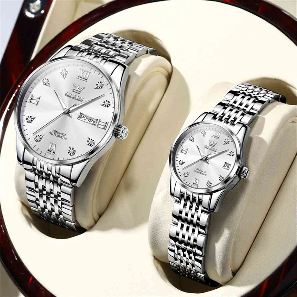 OLEVS 6673 Couple Mechanical Stainless Steel Watch, Diamond Face, Business Style