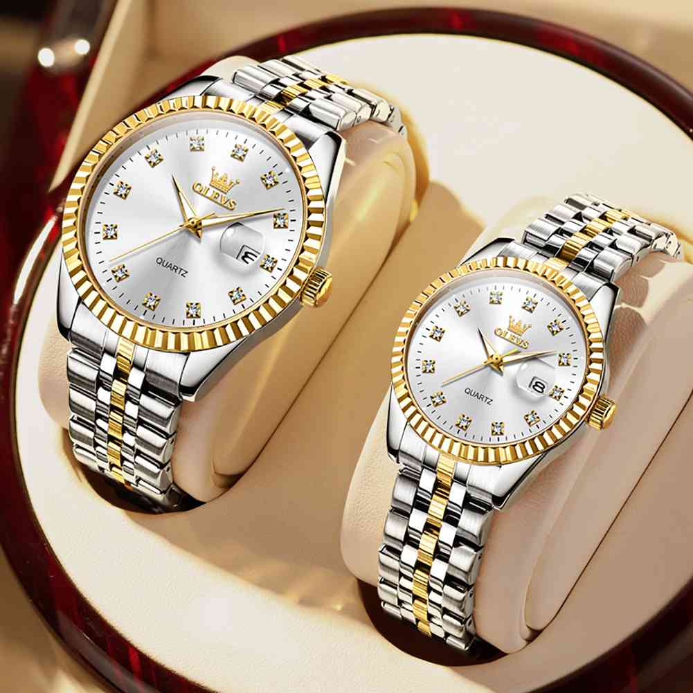 OLEVS 5526 His And Her Couple Watches Business Men Women Couple Set Pair Black Watch Matching Romantic Quartz Stainless Steel Waterproof Date