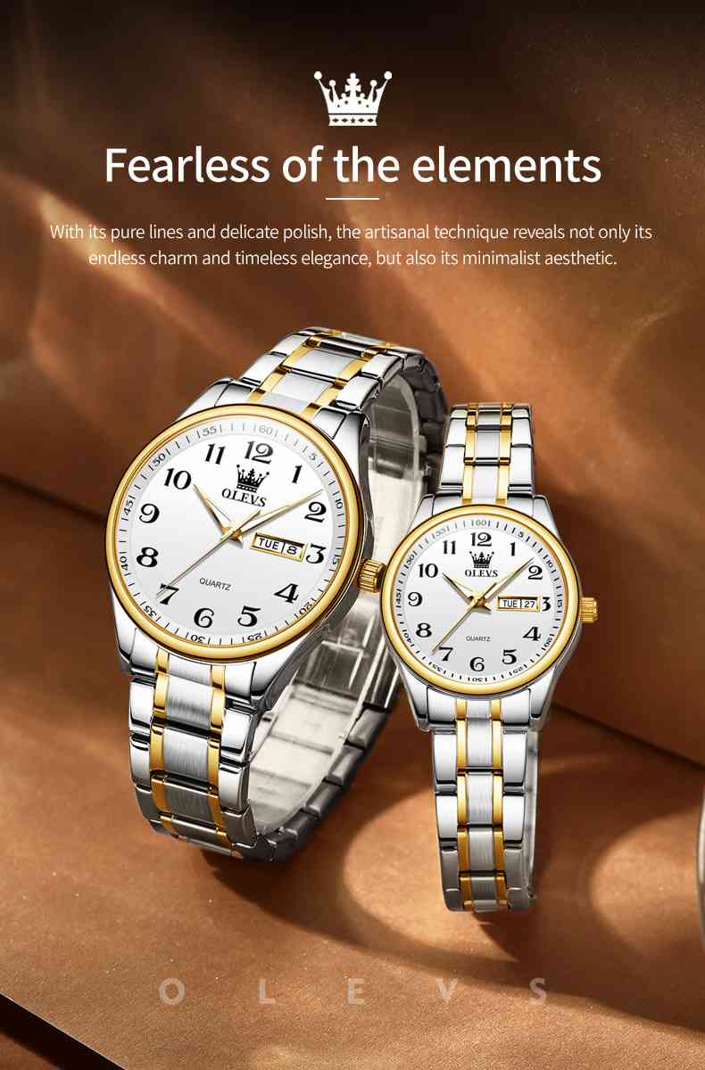 OLEVS 5567 Couple's Quartz Watch With Roman Numerals, Date And Weekday Sub-Dials, Luminous Hands, 3ATM Water Resistance