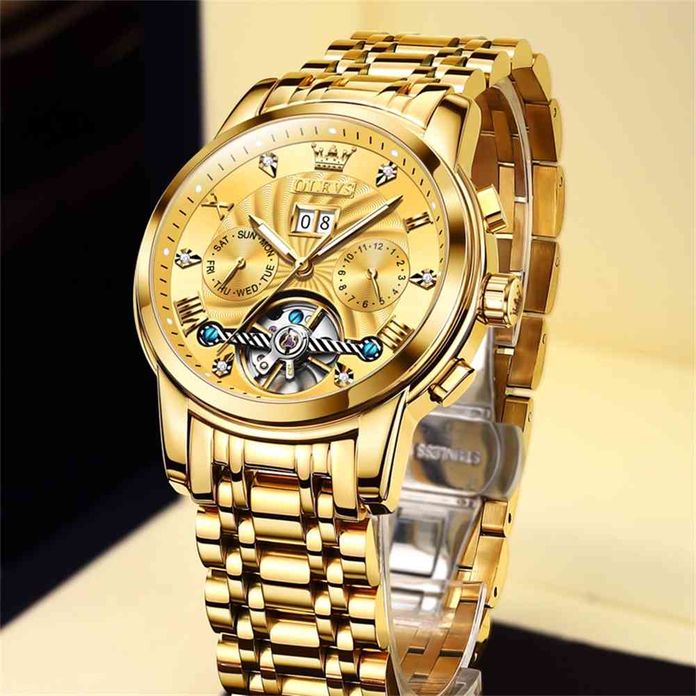 OLEVS 9910 Automatic Watches For Men Gold Luxury Dress Wrist Watch Self Winding Mechanical Skeleton Tourbillon Watch