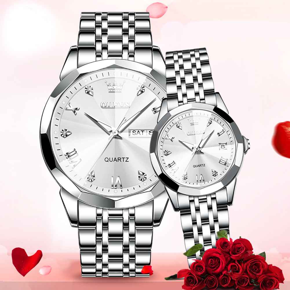 OLEVS 9931 Couple Watches His And Her Fashion Dresse Romantic Set Pair Matching Stainless Steel Strap Luminous Waterproof Wrist Watch