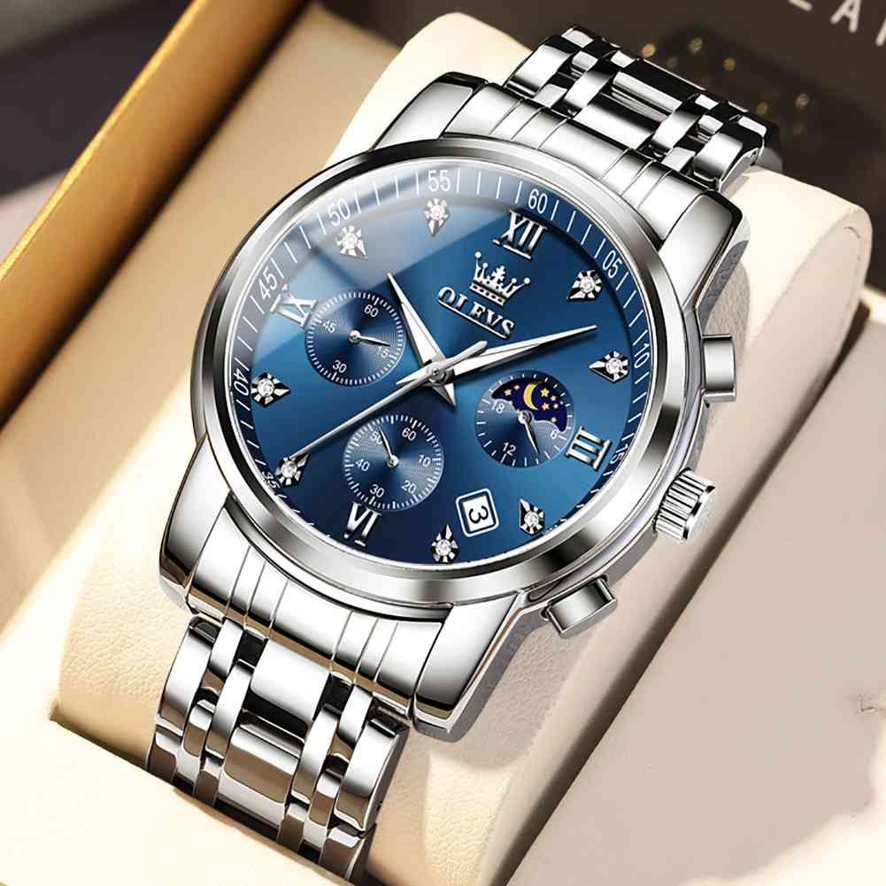 OLEVS 2858 Men's Watch, Business Chronograph Formal Stainless Steel Watch, Pointer Quartz Waterproof Luminous Men's Watch