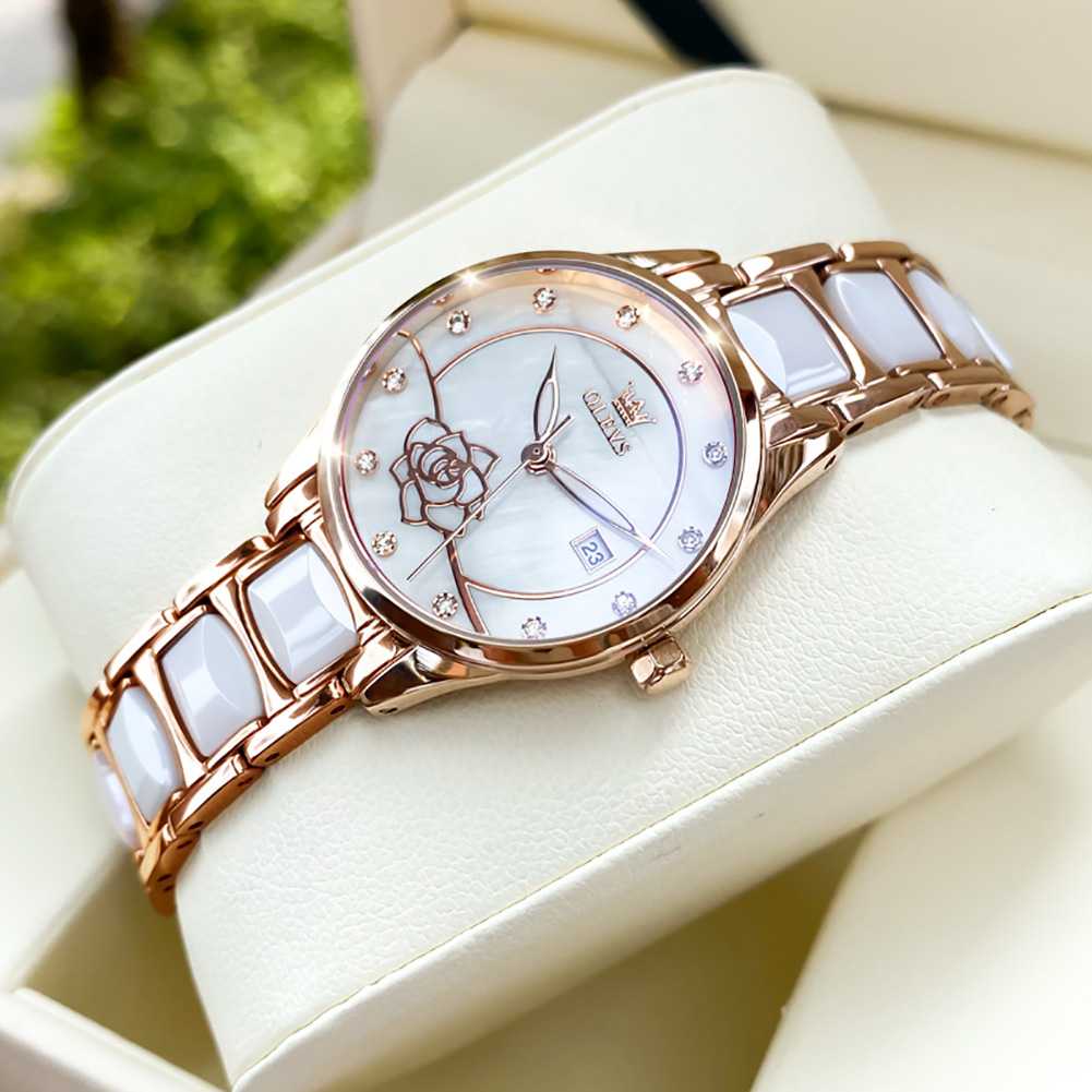 OLEVS 3606 Women's Automatic Mechanical Watch - Rose Gold Two-Tone Ceramic Strap, Diamond Love Heart Dial, Fashionable Dress Watch, Waterproof