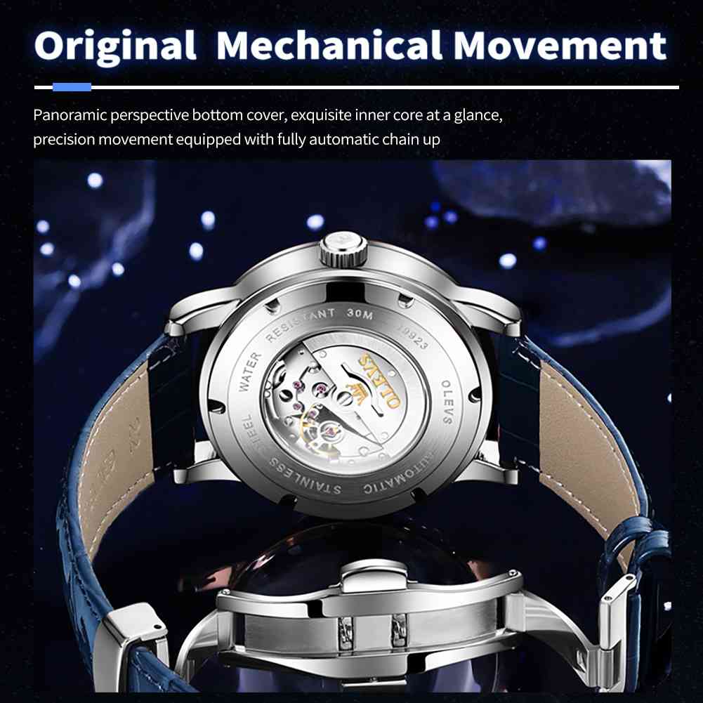 OLEVS 9923 Starry Sky Moon Phase Men's Automatic Mechanical Watches Blue Leather Luxury Dress Waterproof Luminous Wrist Watches