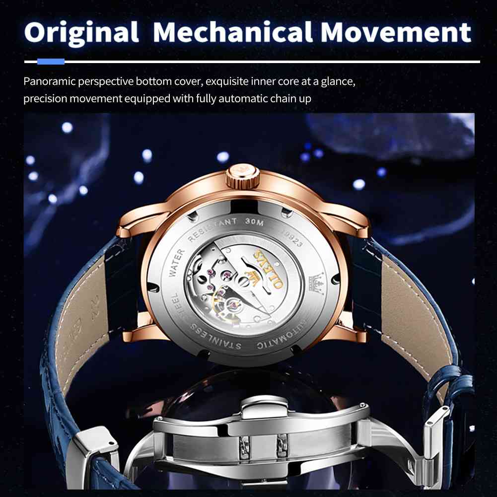 OLEVS 9923 Starry Sky Moon Phase Men's Automatic Mechanical Watches Blue Leather Luxury Dress Waterproof Luminous Wrist Watches