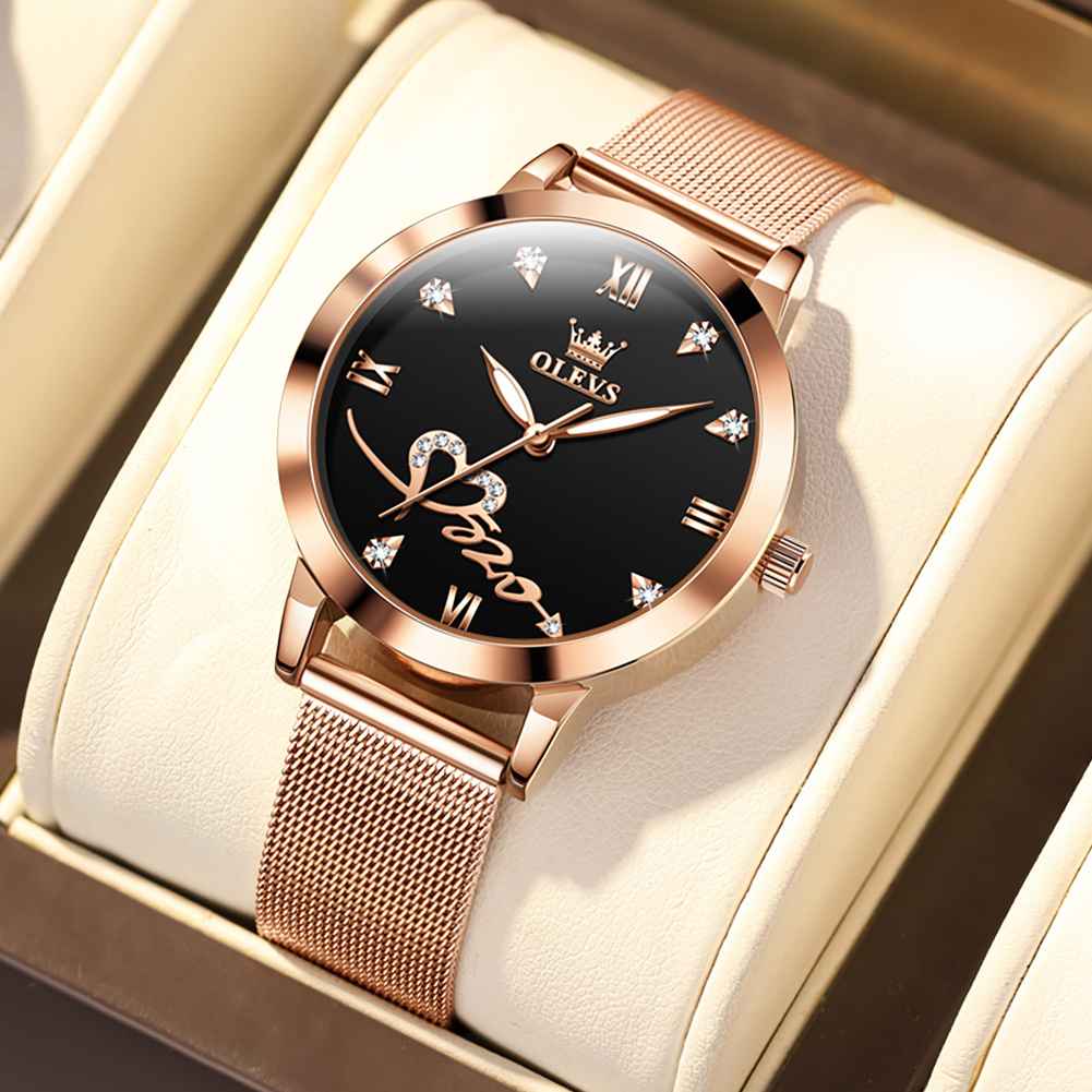 OLEVS 5530 Women's Rose Gold Watches Diamond Girls Ladies Wristwatch Mesh Belt Watch And Bracelet Set Valentines Gifts