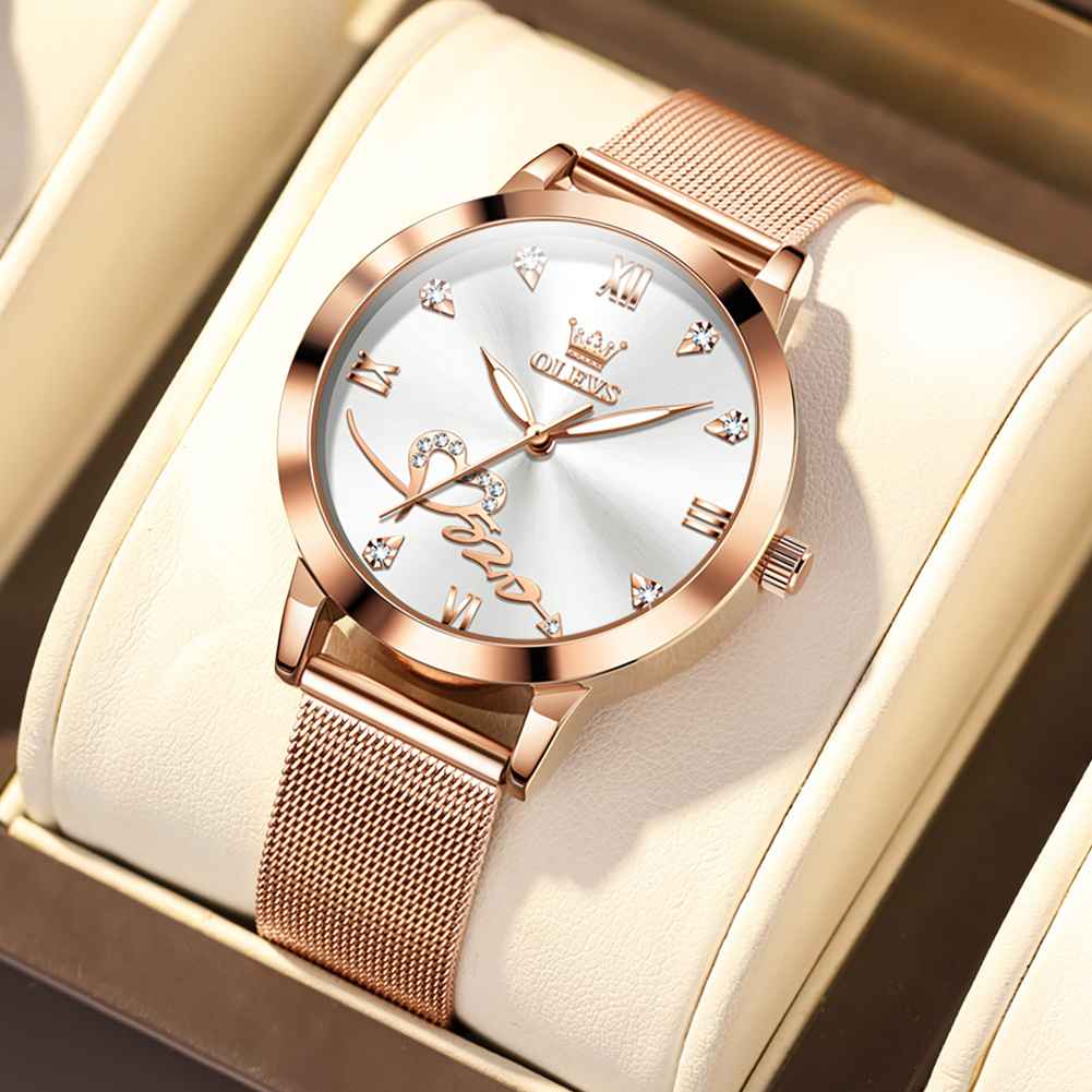 OLEVS 5530 Women's Rose Gold Watches Diamond Girls Ladies Wristwatch Mesh Belt Watch And Bracelet Set Valentines Gifts