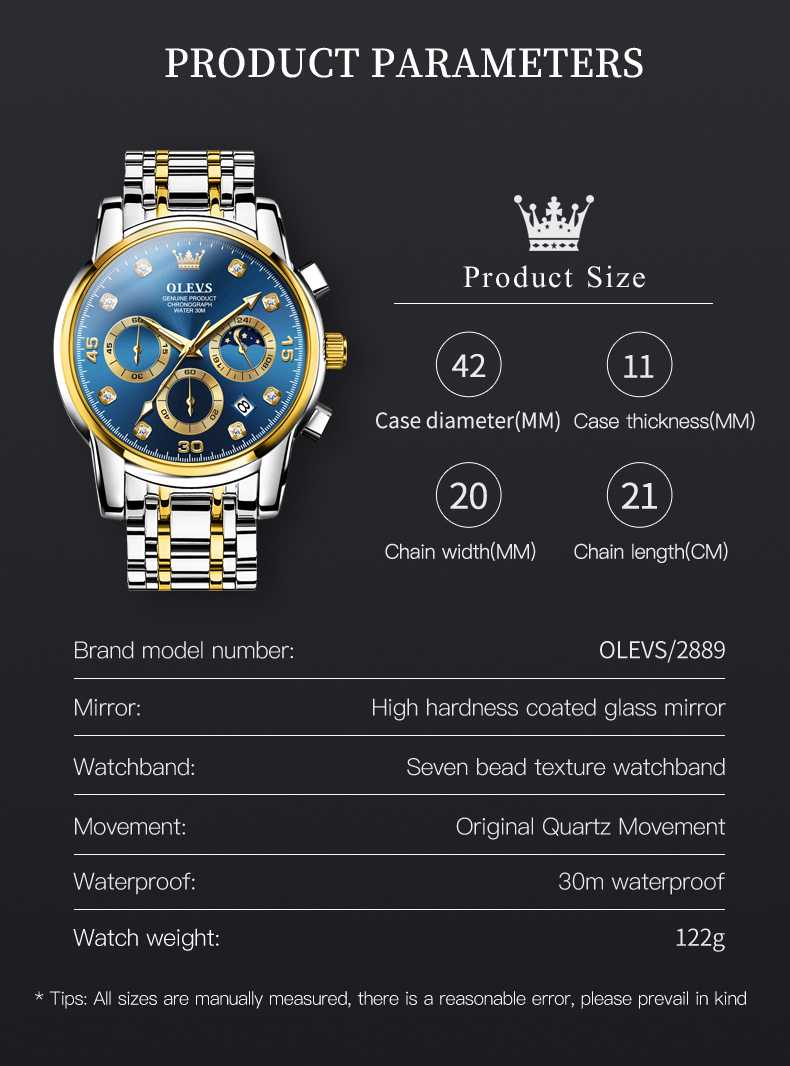 OLEVS 2889 Gold Watch Men Dress Diamond Tonneau Big Face Men Wrist Watch Waterproof Dual Watch Gift