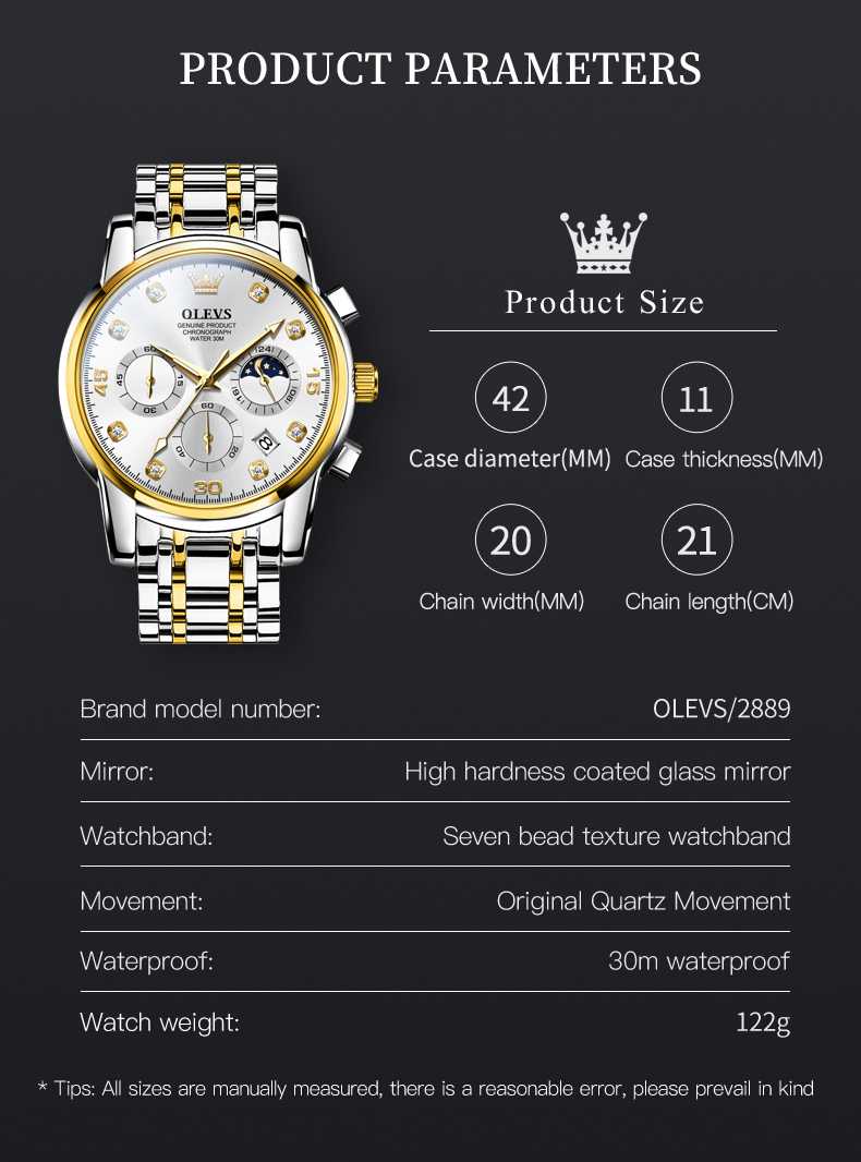 OLEVS 2889 Gold Watch Men Dress Diamond Tonneau Big Face Men Wrist Watch Waterproof Dual Watch Gift