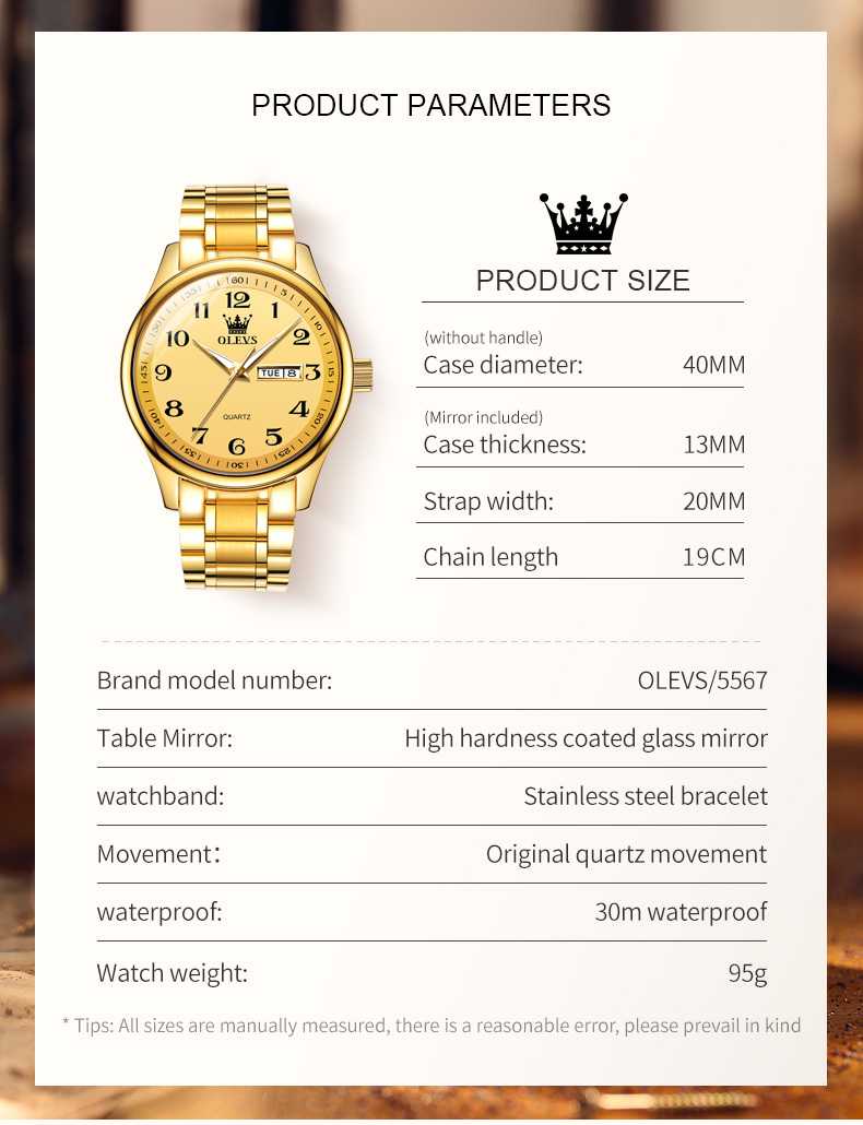 OLEVS 5567 Watches For Men Brown Gold Case Fashion Dress Watch Luminous Waterproof Casual Male Wrist Watches