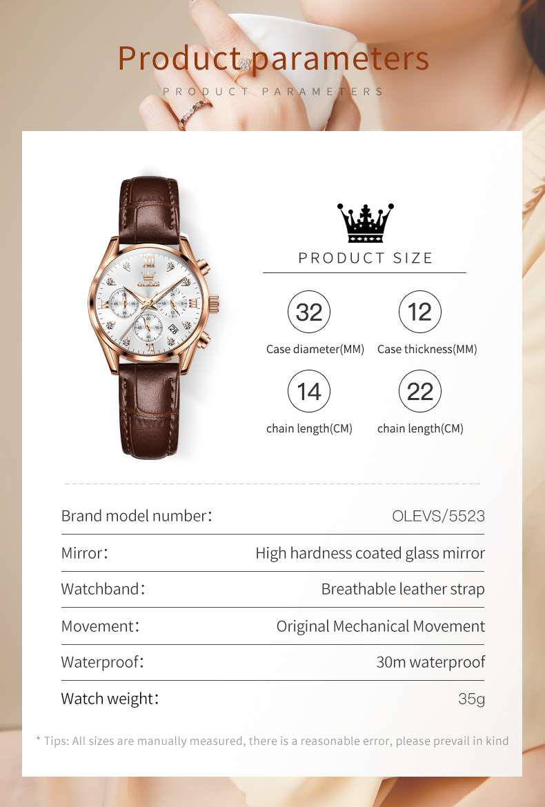 OLEVS 5523 Womens Watches Brown Rose Gold Chronograph Casual Dress Waterproof Ladies Wrist Watch