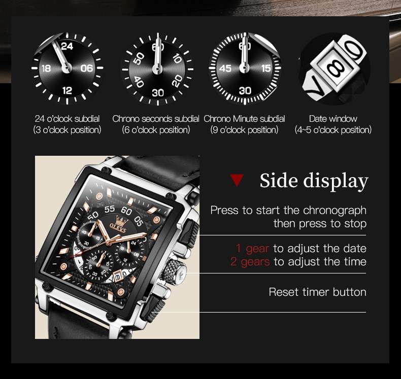 OLEVS 9919 Watches For Men Chronograph Fashion Dress Watch Waterproof Luminous Casual Square Wrist Watches