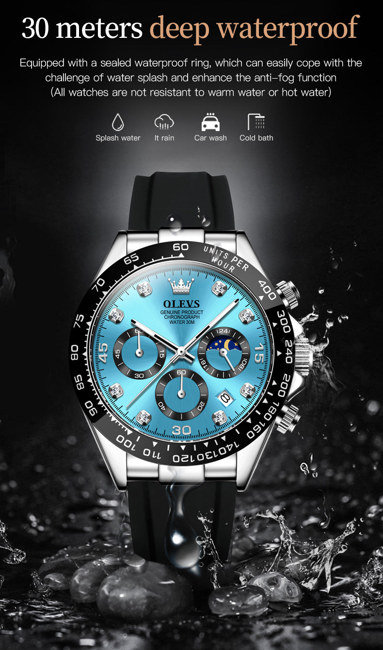 OLEVS 2875 Watches For Men Chronograph Multifunction Diamond Luminous Waterproof Silicone Wrist Watches