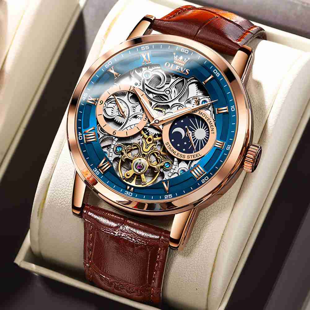 OLEVS 6670 Skeleton Watches For Mens Automatic Mechanical Self Winding Tourbillon Luxury Dress Wrist Watches Waterproof Luminous