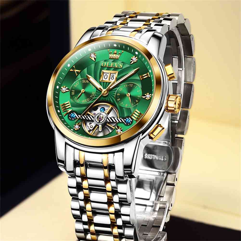 OLEVS 9910 Automatic Watches For Men Gold Luxury Dress Wrist Watch Self Winding Mechanical Skeleton Tourbillon Watch