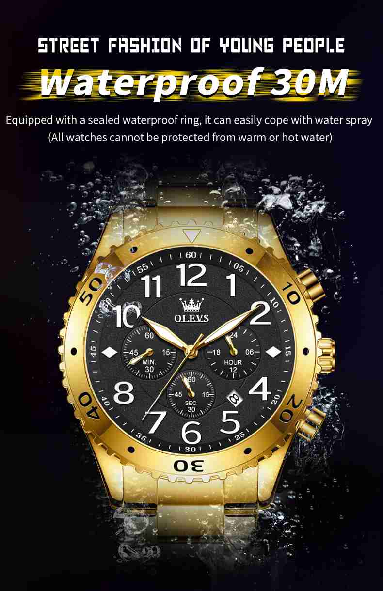 OLEVS 9969 Men's Quartz Watch With Chronograph, Roman Numeral, 24-Hour, Date Display, Luminous, 3ATM Water Resistance