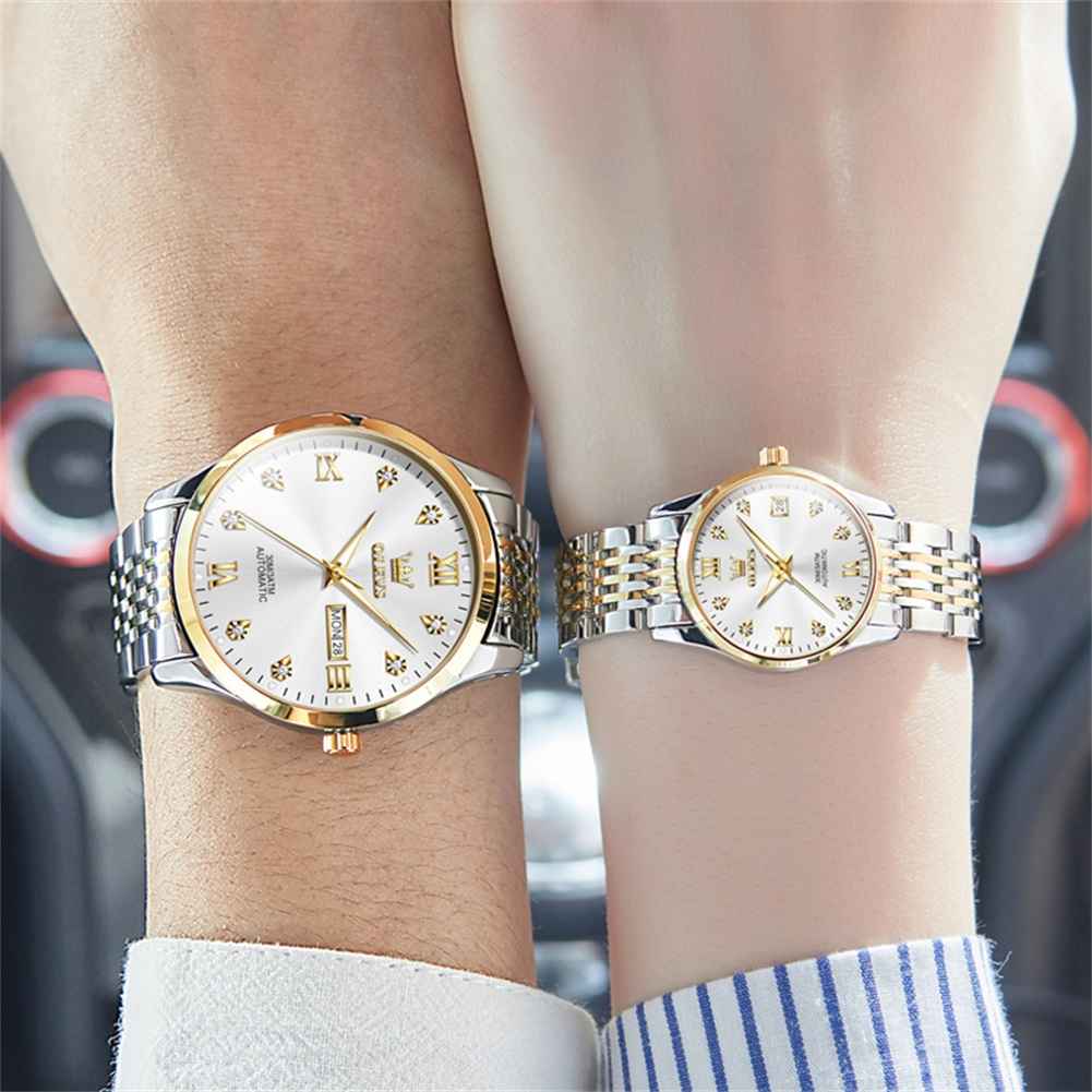 OLEVS 6673 Couple Mechanical Stainless Steel Watch, Diamond Face, Business Style