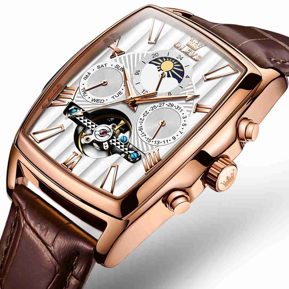 OLEVS 6675 Mechanical Dress Mens Watches Square Brown Skeleton Tourbillion Waterproof Luminous Men's Wrist Watches