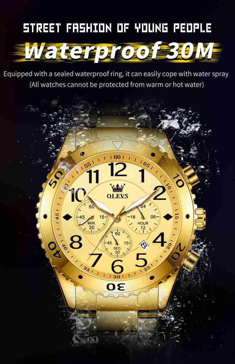 OLEVS 9969 Men's Quartz Watch With Chronograph, Roman Numeral, 24-Hour, Date Display, Luminous, 3ATM Water Resistance