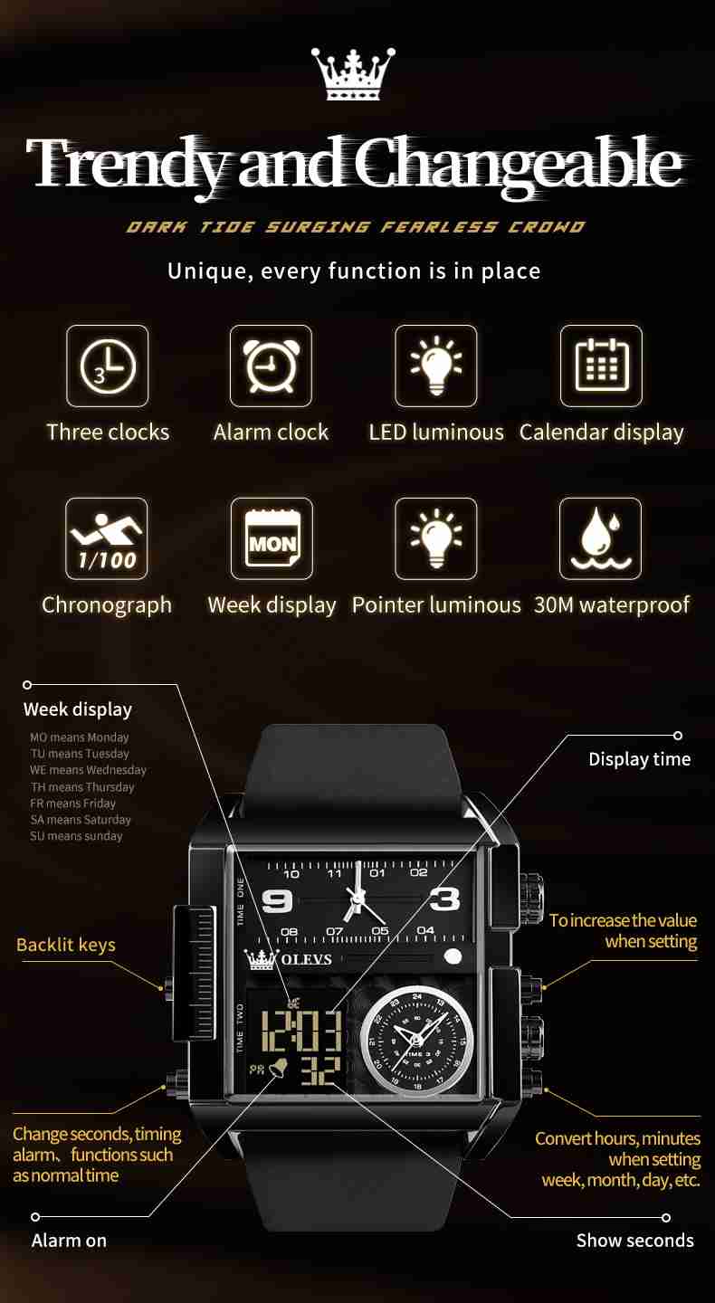 OLEVS 1101 Men's Sport Watch: Large Dial Digital And Analog Quartz Wristwatch With LED Square Multi-Time Zone Business Waterproof Stopwatch