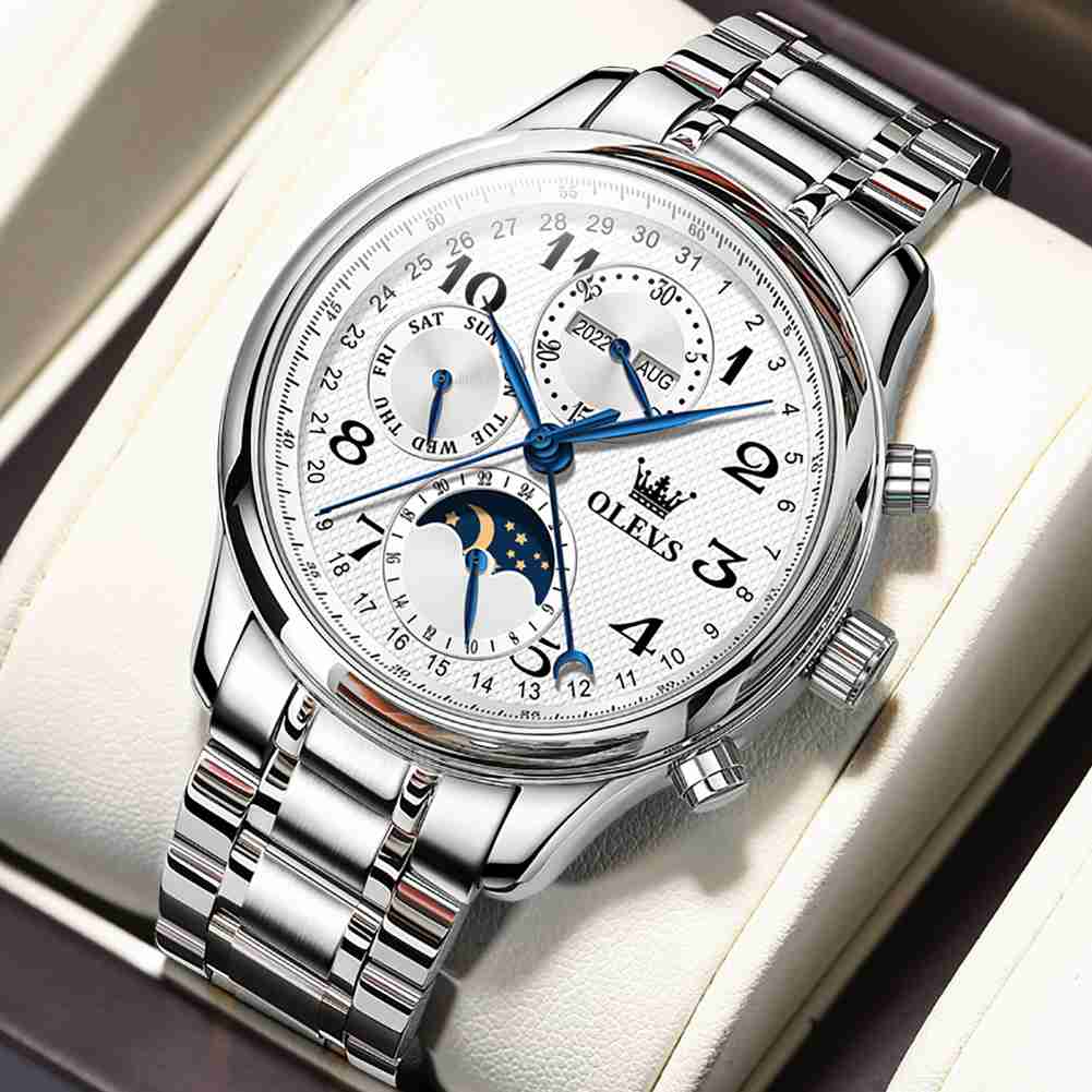 OLEVS 6667 Men's Mechanical Watch With Leather Strap, 3 Sub-Dials, 3ATM Water Resistance, Luminous Hands, Perfect Gift