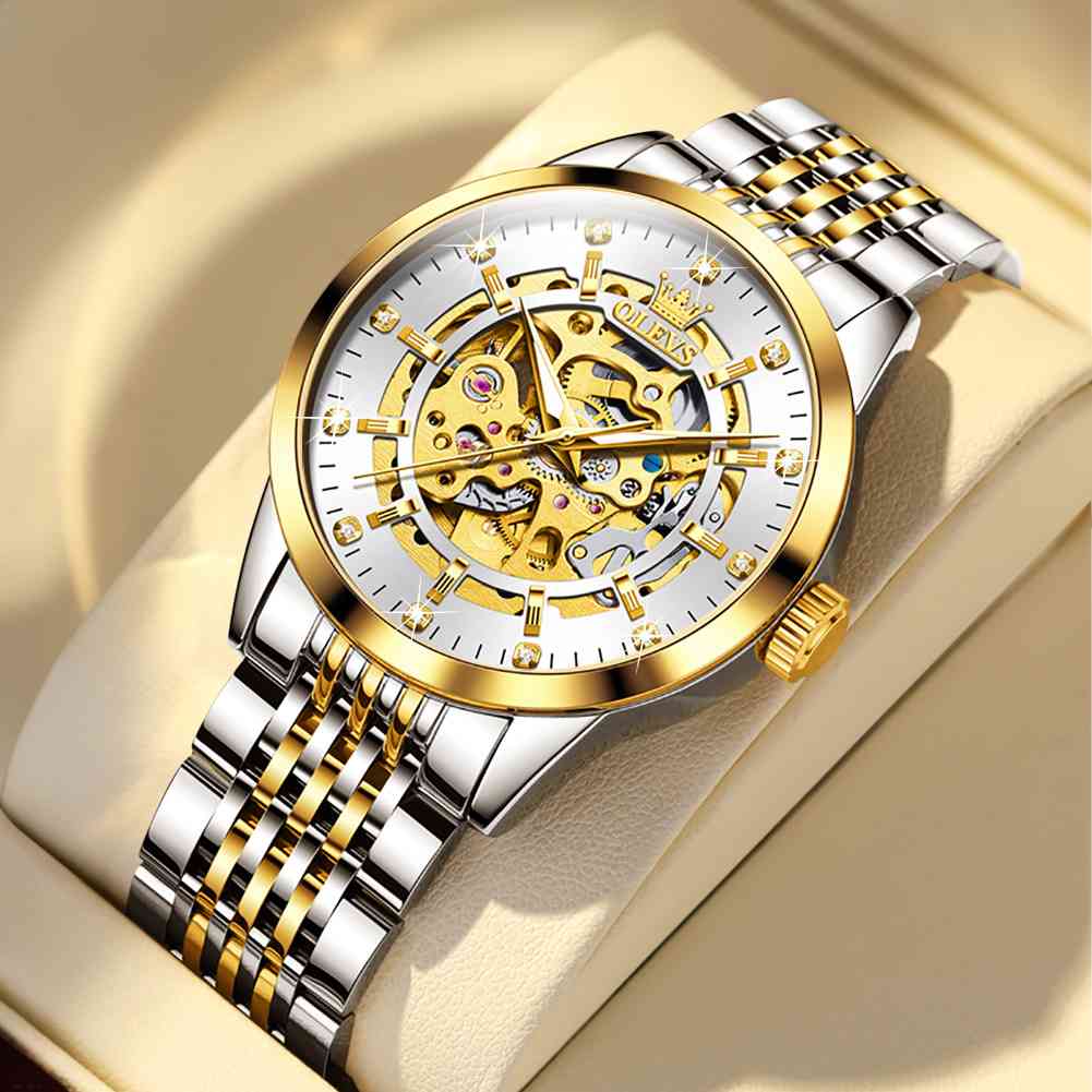 OLEVS 9920 Uhren für Männer Automatische Skelettuhr Mechanische Gold Armbanduhren Business Luxus Diamant Edelstahl Wasserdicht Leuchtend